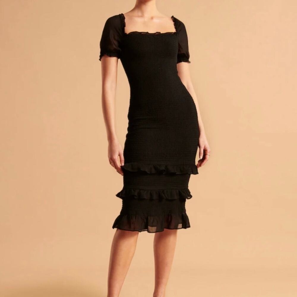 Abercrombie & Fitch Puff Sleeve Smocked Tiered Midi Dress Women's XS Black